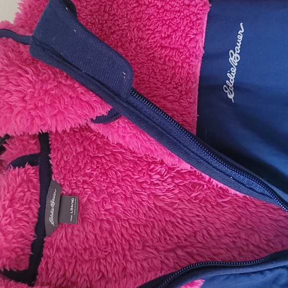 Eddie Bauer Super soft hooded full zip sweatshirt. Large 14/16 pink, navy & aqua - Picture 2 of 3